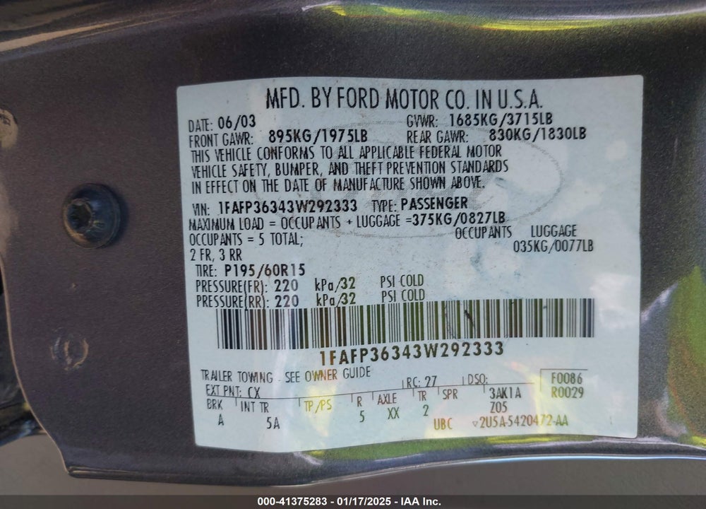 2003 FORD FOCUS SE/ZTW VIN: 1FAFP36343W292333