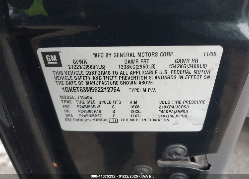 2006 GMC ENVOY DENALI VIN: 1GKET63M562212764
