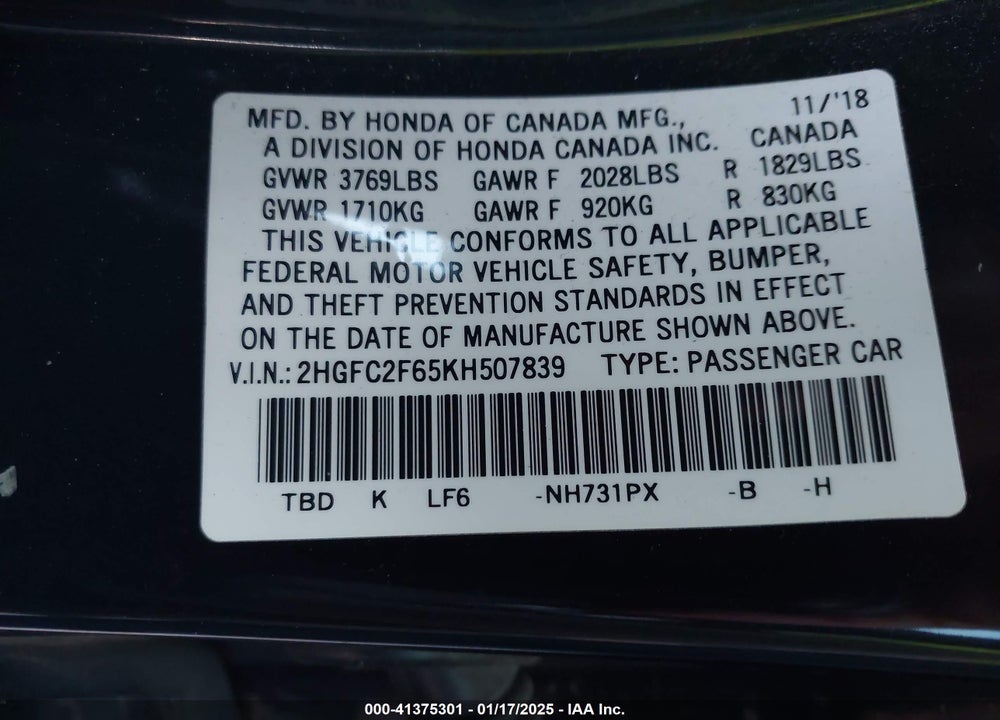 2019 HONDA CIVIC LX VIN: 2HGFC2F65KH507839