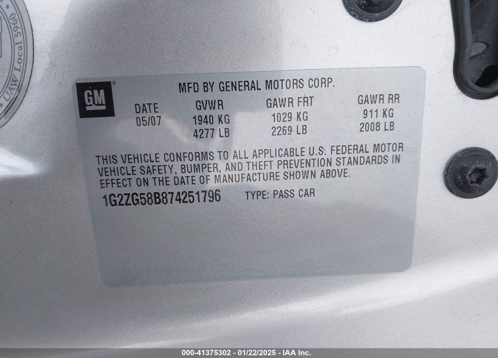 2007 PONTIAC G6 VIN: 1G2ZG58B874251796