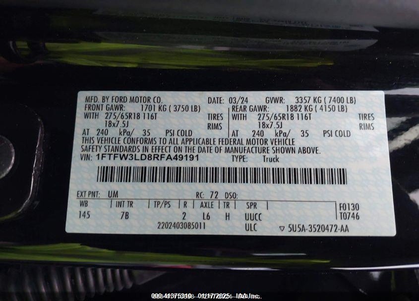2024 FORD F-150 XLT VIN: 1FTFW3LD8RFA49191