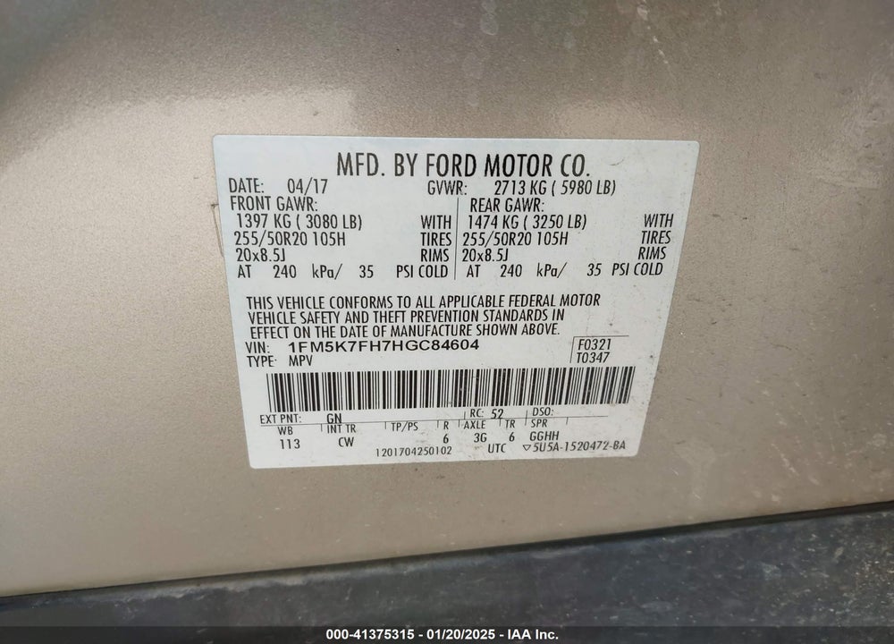 2017 FORD EXPLORER LIMITED VIN: 1FM5K7FH7HGC84604
