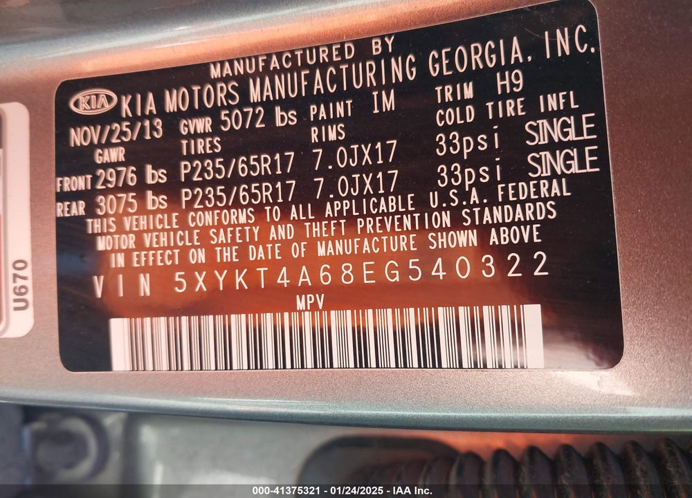 2014 KIA SORENTO LX VIN: 5XYKT4A68EG540322