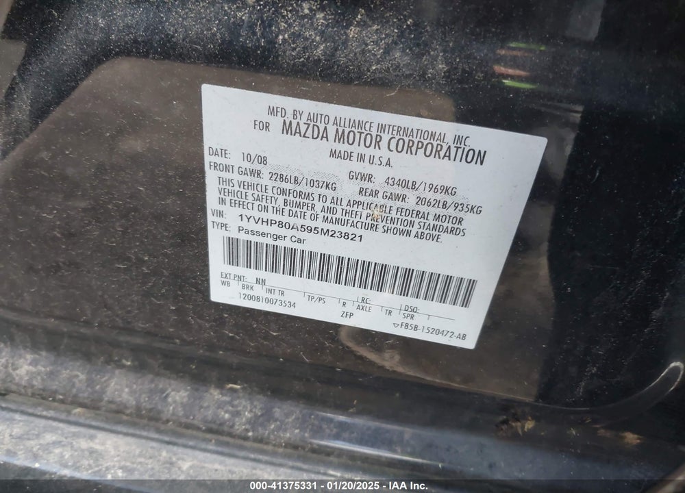 2009 MAZDA 6 I SV VIN: 1YVHP80A595M23821