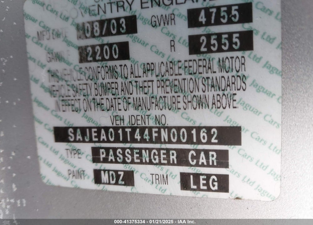 2004 JAGUAR S-TYPE 3.0L V6 VIN: SAJEA01T44FN00162