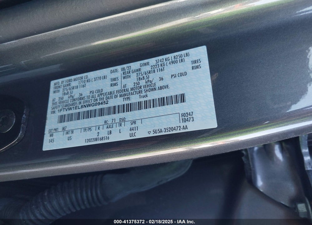 2022 FORD F-150 LIGHTNING VIN: 1FTVW1EL8NWG09452