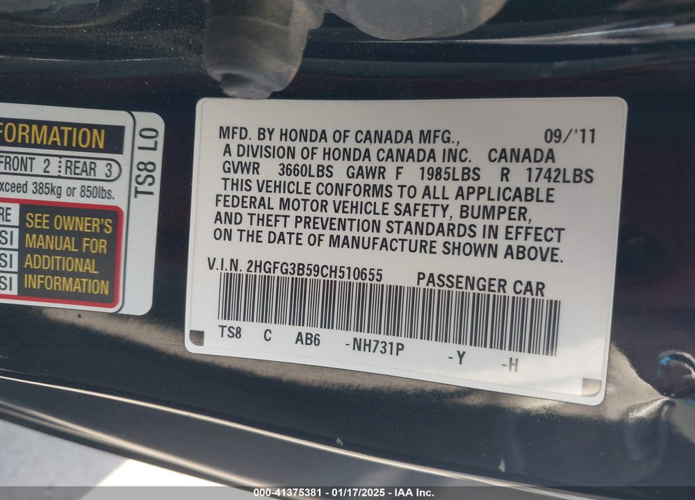 2012 HONDA CIVIC VIN: 2HGFG3B59CH510655