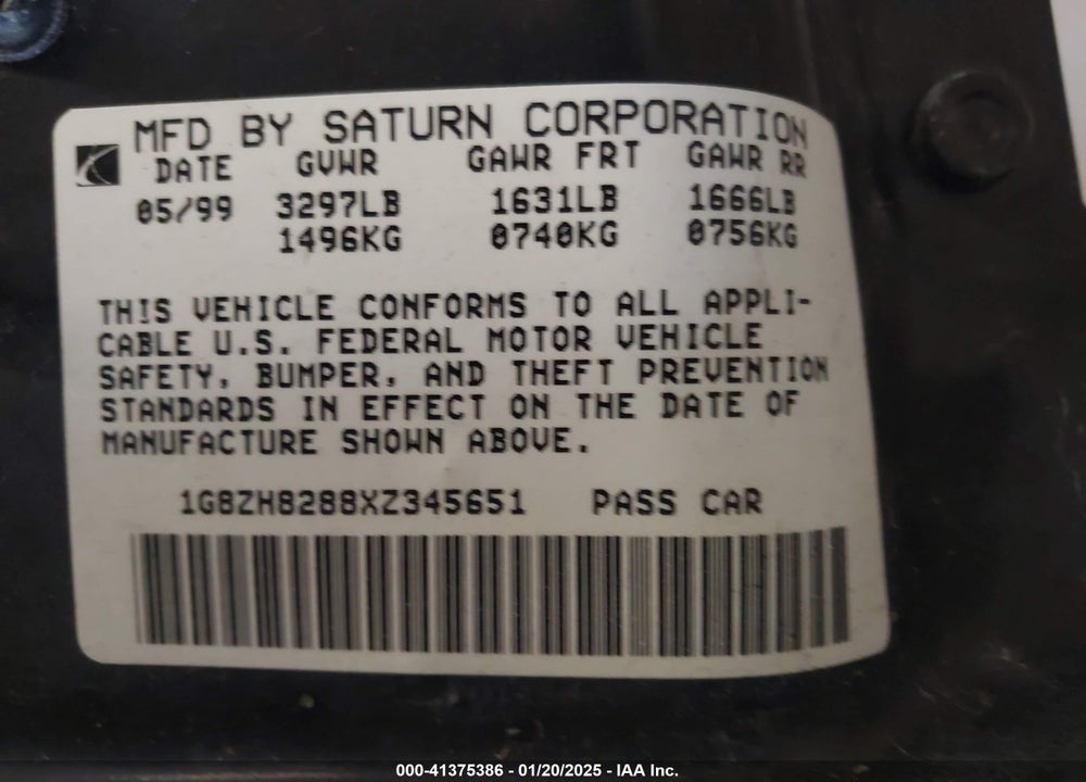 1999 SATURN SW1 VIN: 1G8ZH8288XZ345651