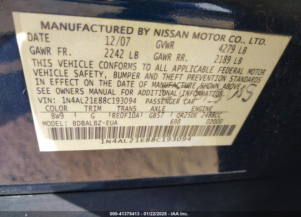 2008 NISSAN ALTIMA 2.5 S VIN: 1N4AL21E88C193094