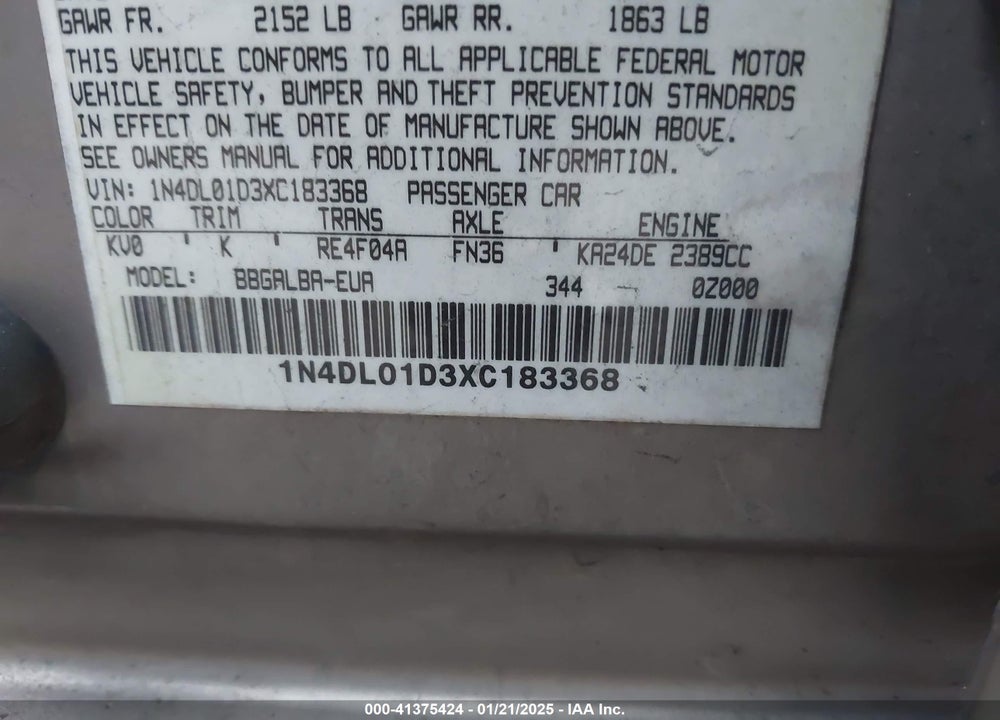1999 NISSAN ALTIMA GLE/GXE/SE/SE-L/XE VIN: 1N4DL01D3XC183368