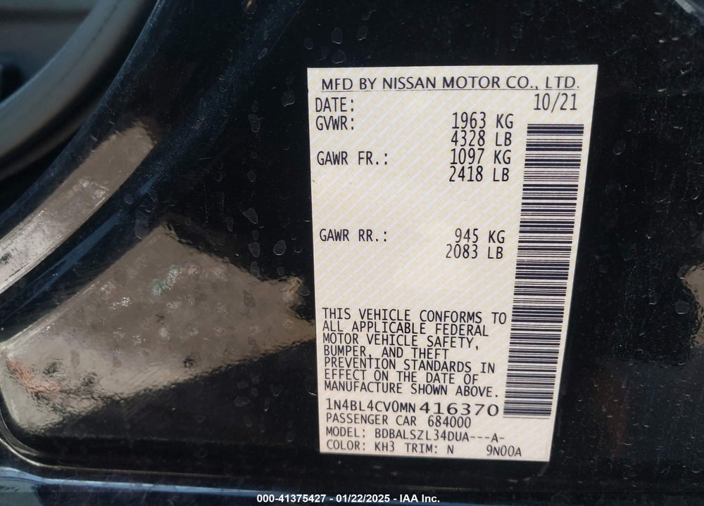 2021 NISSAN ALTIMA VIN: 1N4BL4CV0MN416370