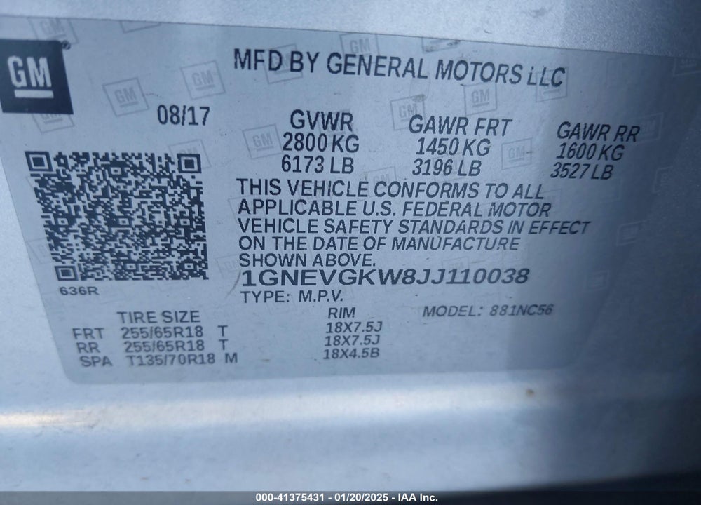 2018 CHEVROLET TRAVERSE 1LT VIN: 1GNEVGKW8JJ110038