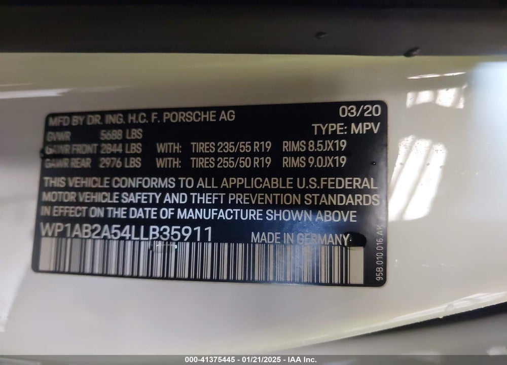 2020 PORSCHE MACAN S VIN: WP1AB2A54LLB35911