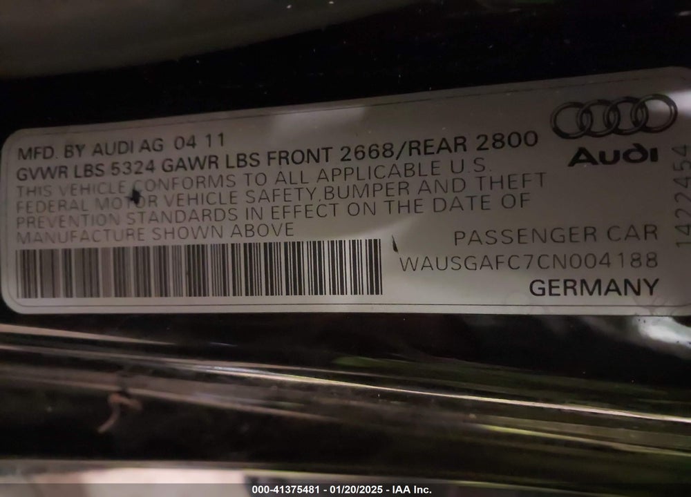 2012 AUDI A7 VIN: WAUSGAFC7CN004188