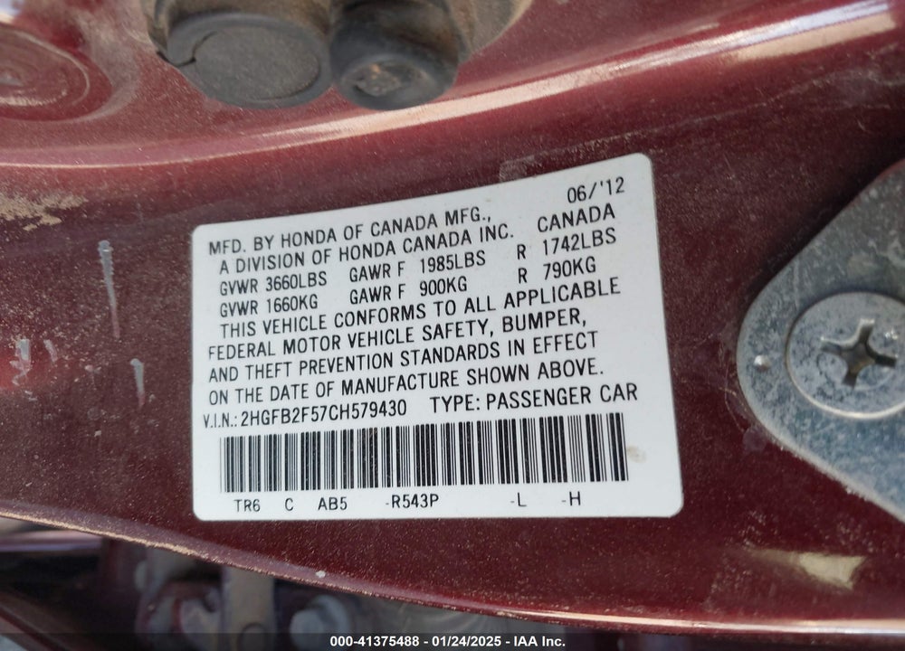 2012 HONDA CIVIC SDN LX VIN: 2HGFB2F57CH579430