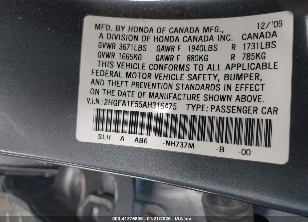 2010 HONDA CIVIC VIN: 2HGFA1F55AH316475