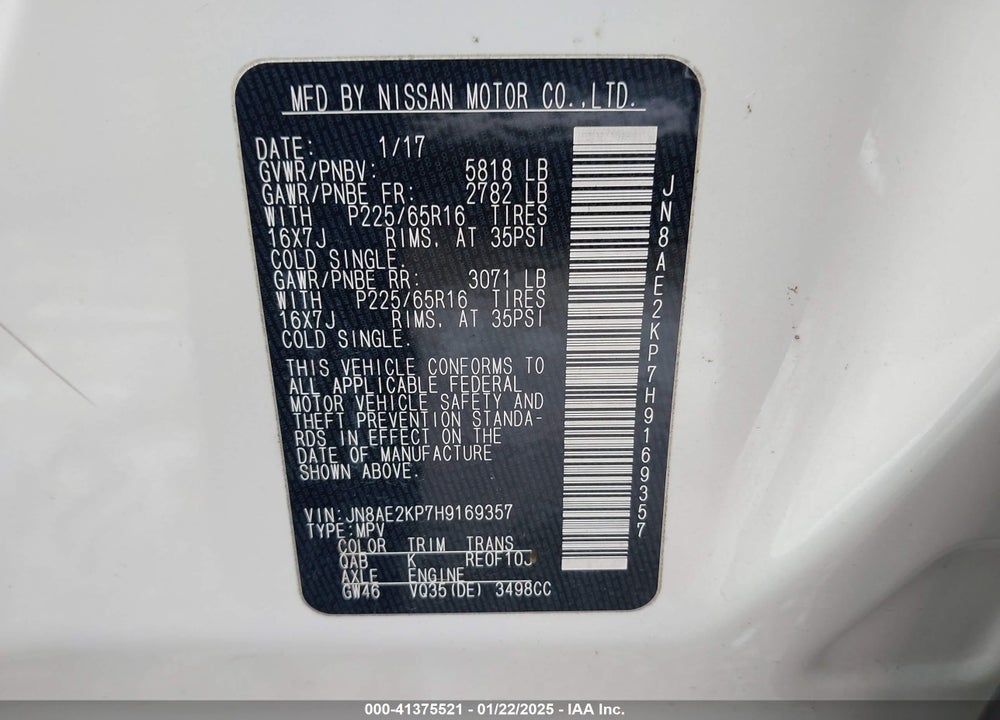 2017 NISSAN QUEST SV VIN: JN8AE2KP7H9169357