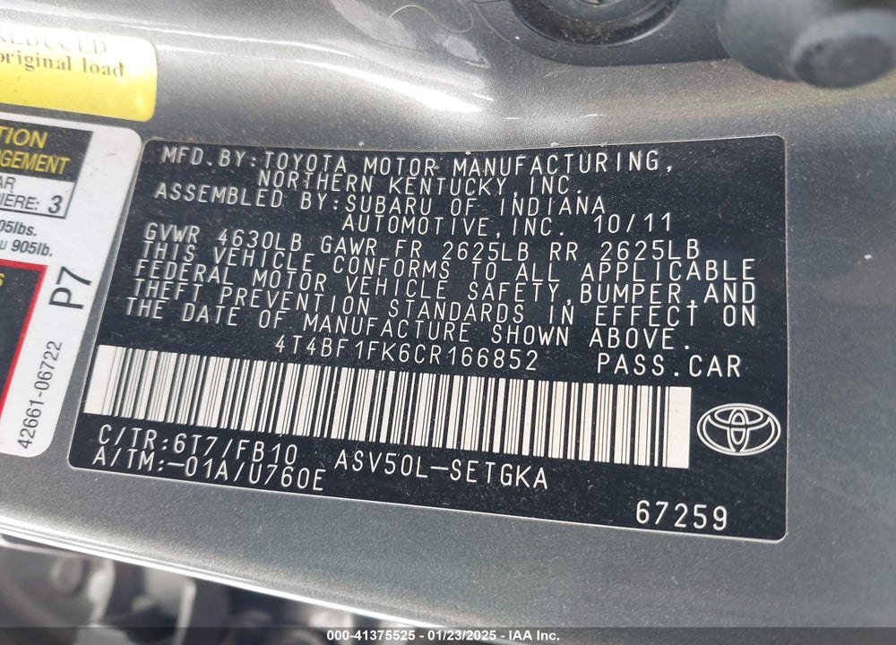 2012 TOYOTA CAMRY VIN: 4T4BF1FK6CR166852