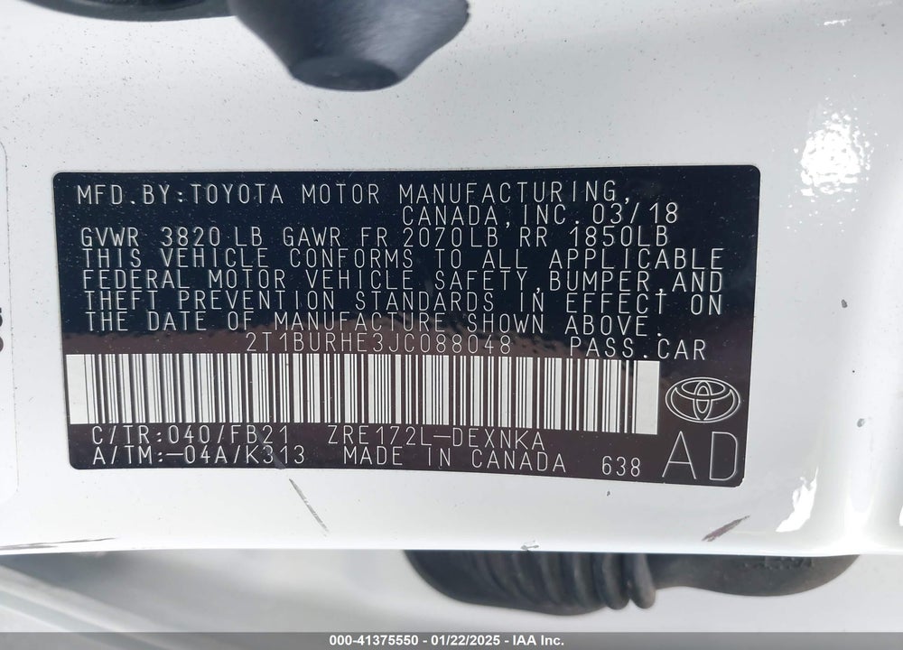 2018 TOYOTA COROLLA VIN: 2T1BURHE3JC088048