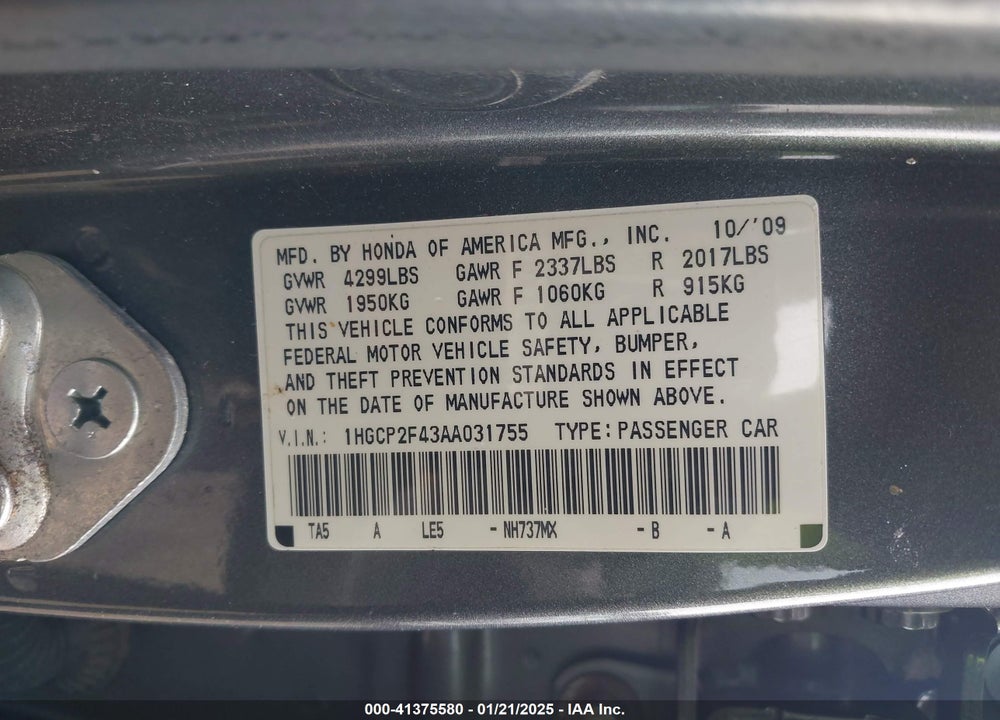 2010 HONDA ACCORD SDN VIN: 1HGCP2F43AA031755