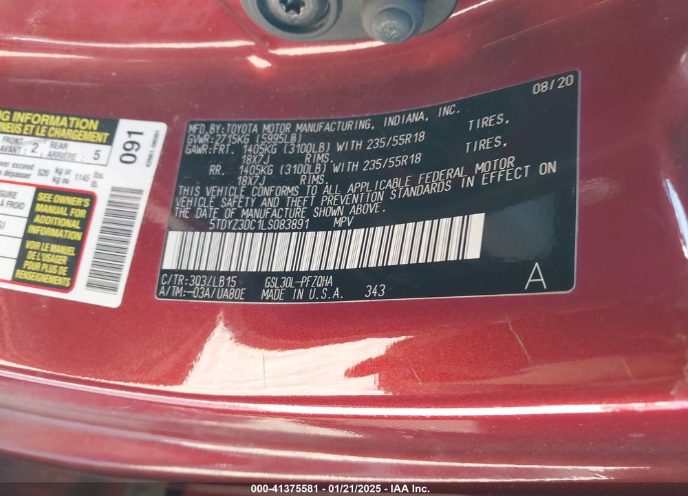 2020 TOYOTA SIENNA LIMITED PREMIUM VIN: 5TDYZ3DC1LS083891