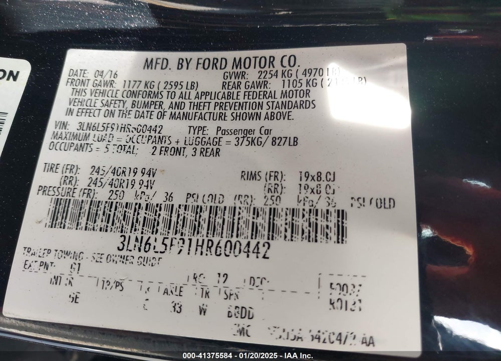 2017 LINCOLN MKZ VIN: 3LN6L5F91HR600442