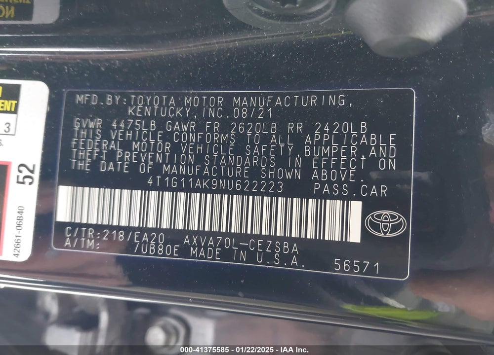 2022 TOYOTA CAMRY VIN: 4T1G11AK9NU622223