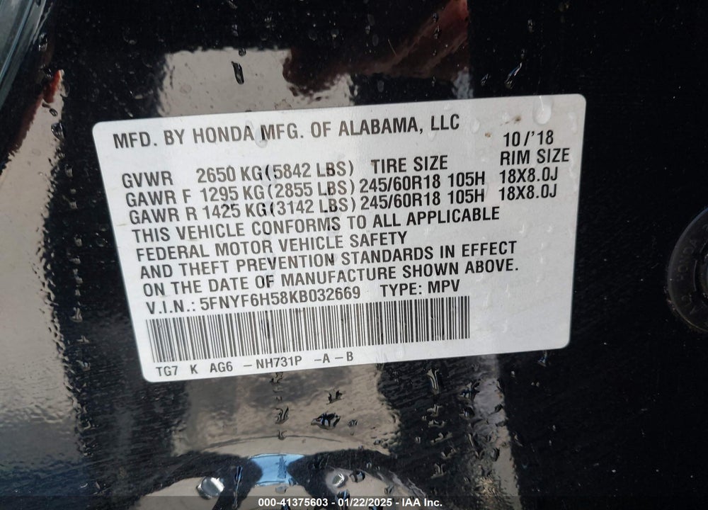 2019 HONDA PILOT EX-L VIN: 5FNYF6H58KB032669