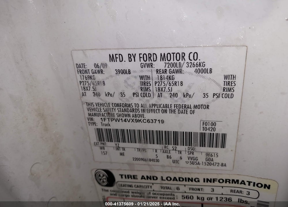 2009 FORD F-150 FX4/KING RANCH/LARIAT/PLATINUM/XL/XLT VIN: 1FTPW14VX9KC63719