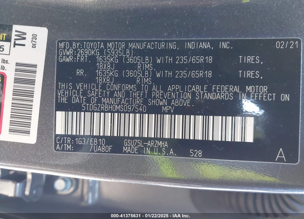 2021 TOYOTA HIGHLANDER XLE VIN: 5TDGZRBH0MS097540