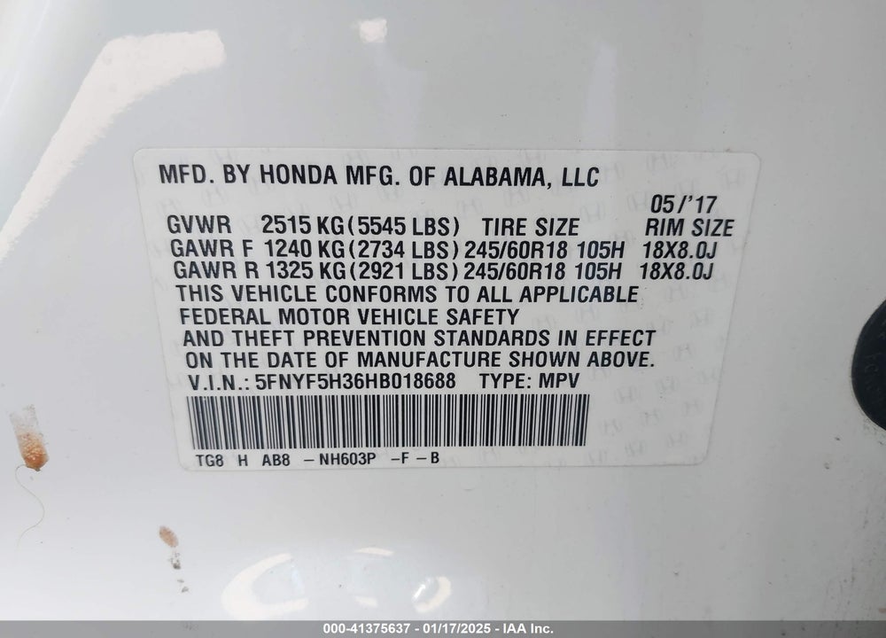 2017 HONDA PILOT EX VIN: 5FNYF5H36HB018688