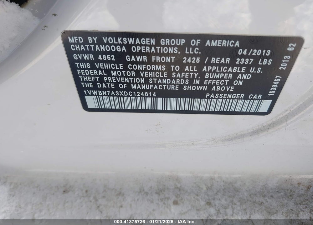 2013 VOLKSWAGEN PASSAT 2.0L TDI SE VIN: 1VWBN7A3XDC124614
