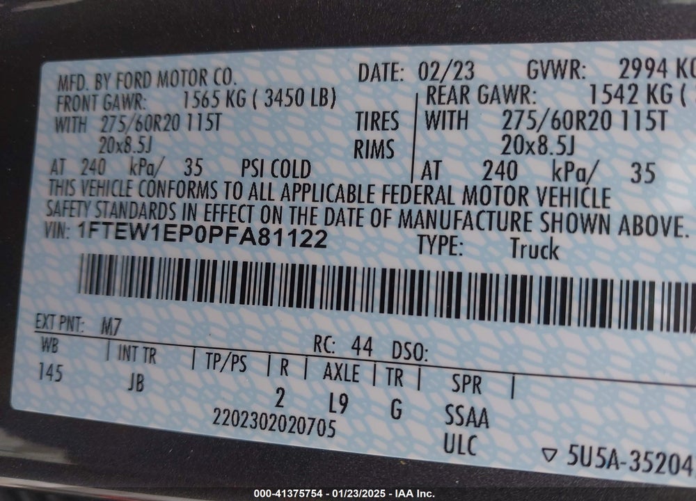 2023 FORD F150 VIN: 1FTEW1EP0PFA81122