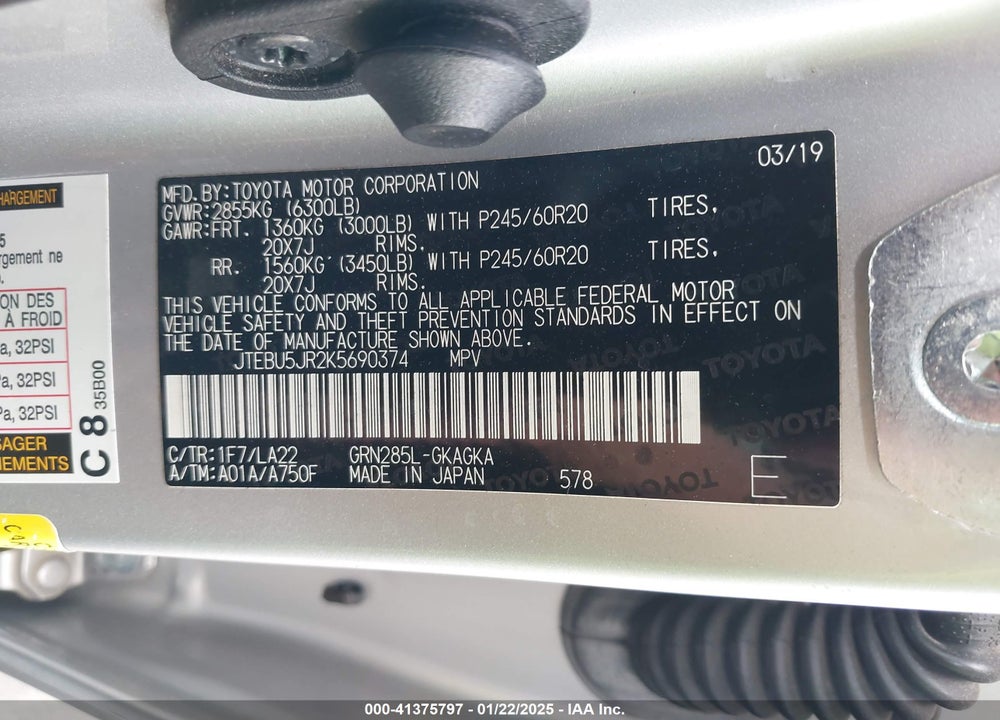 2019 TOYOTA 4RUNNER LIMITED VIN: JTEBU5JR2K5690374