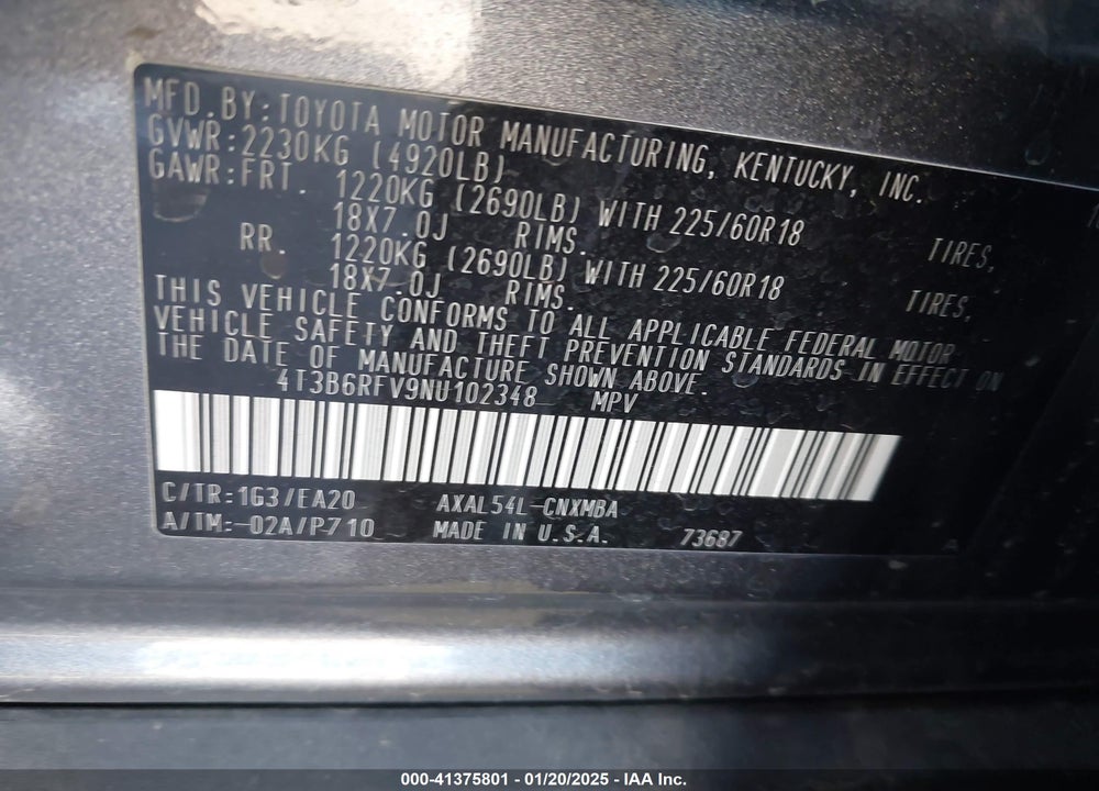 2022 TOYOTA RAV4 HYBRID XLE PREMIUM VIN: 4T3B6RFV9NU102348
