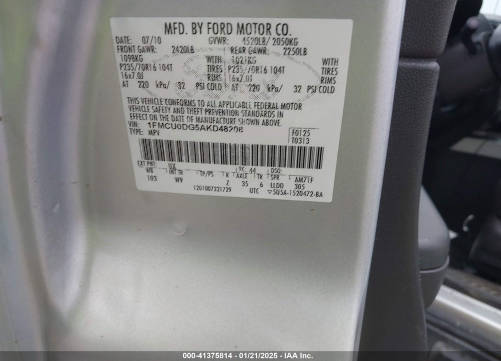 2010 FORD ESCAPE XLT VIN: 1FMCU0DG5AKD48208