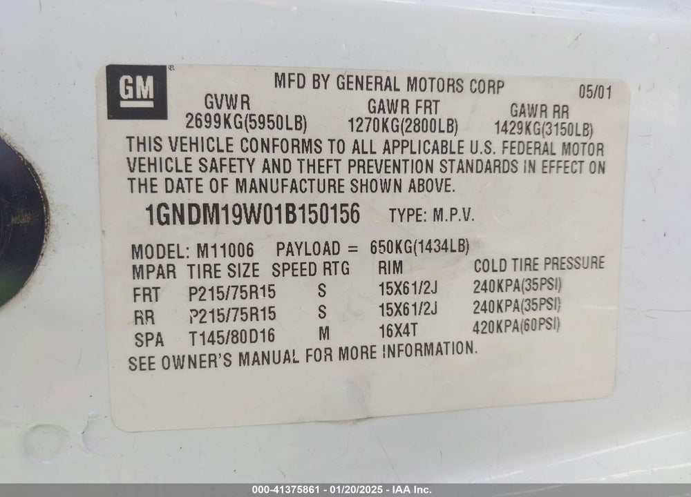 2001 CHEVROLET ASTRO LS VIN: 1GNDM19W01B150156