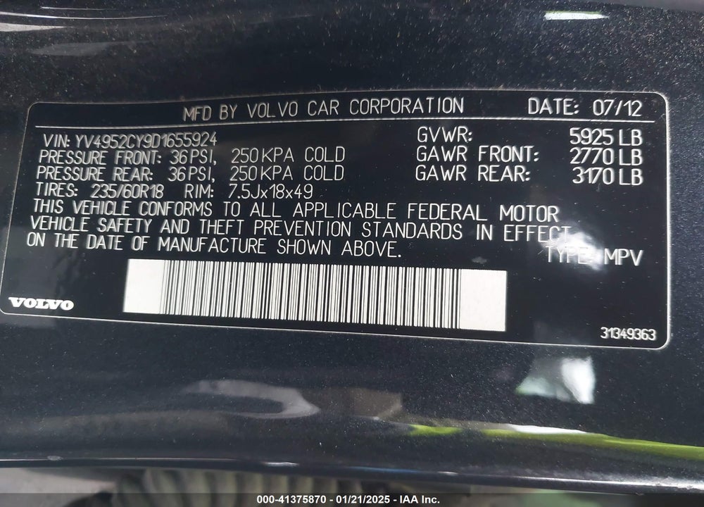 2013 VOLVO XC90 3.2/3.2 PLATINUM/3.2 PREMIER PLUS VIN: YV4952CY9D1655924