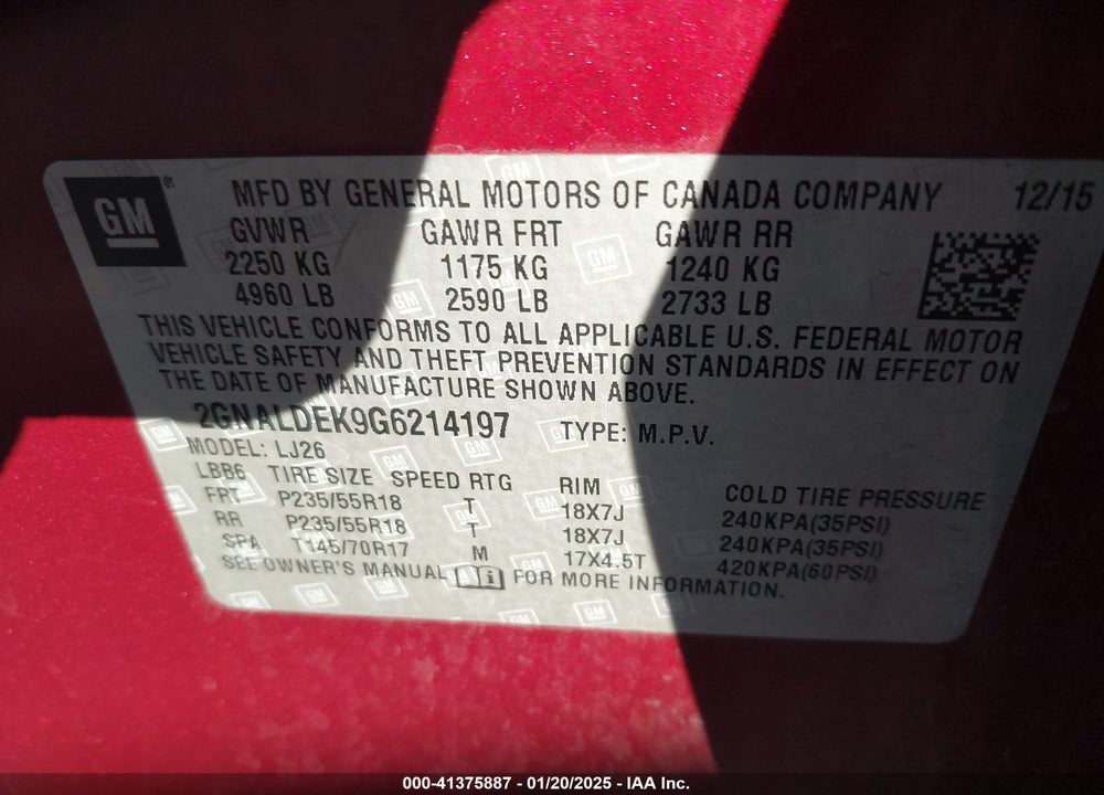 2016 CHEVROLET EQUINOX LTZ VIN: 2GNALDEK9G6214197