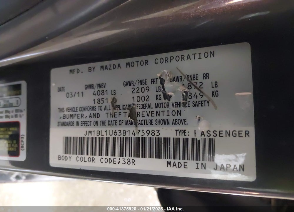 2011 MAZDA 3 S SPORT VIN: JM1BL1U63B1475983