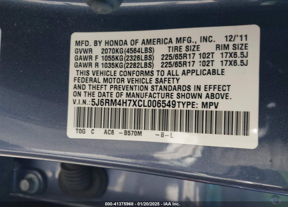 2012 HONDA CR-V EX-L VIN: 5J6RM4H7XCL006549
