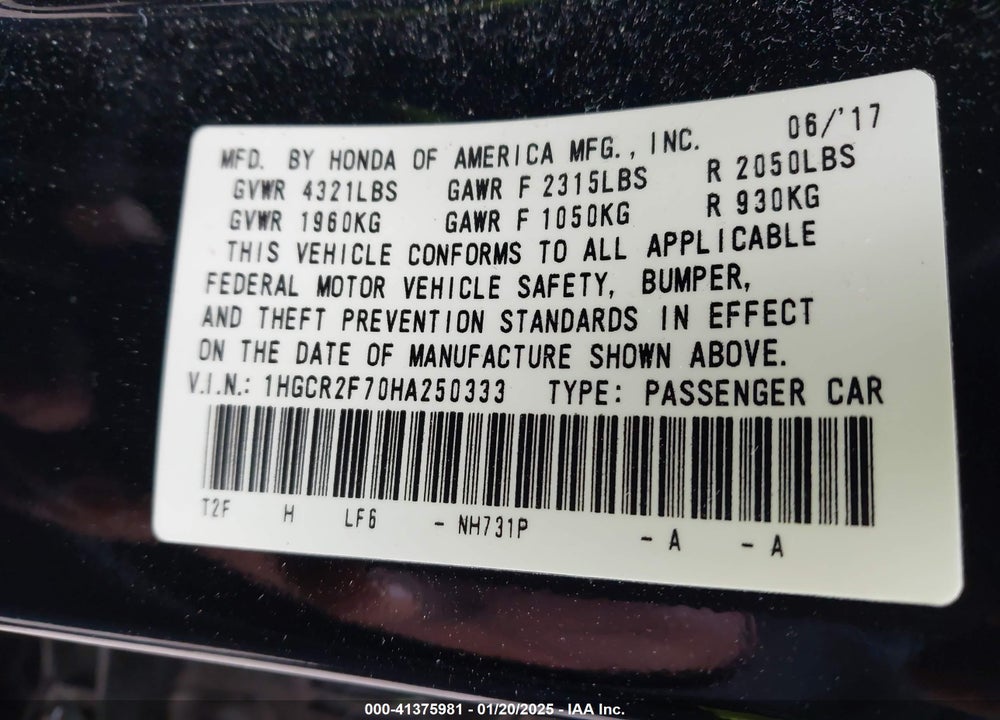 2017 HONDA ACCORD VIN: 1HGCR2F70HA250333