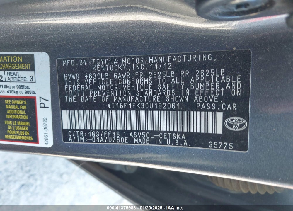 2012 TOYOTA CAMRY SE VIN: 4T1BF1FK3CU192061