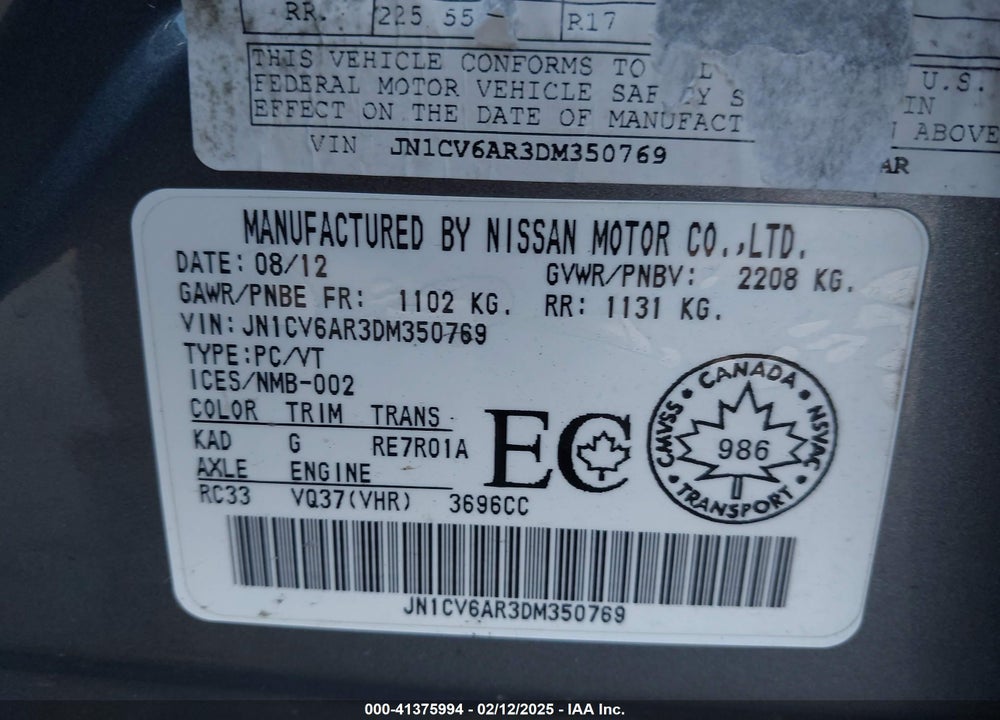 2013 INFINITI G37X VIN: JN1CV6AR3DM350769