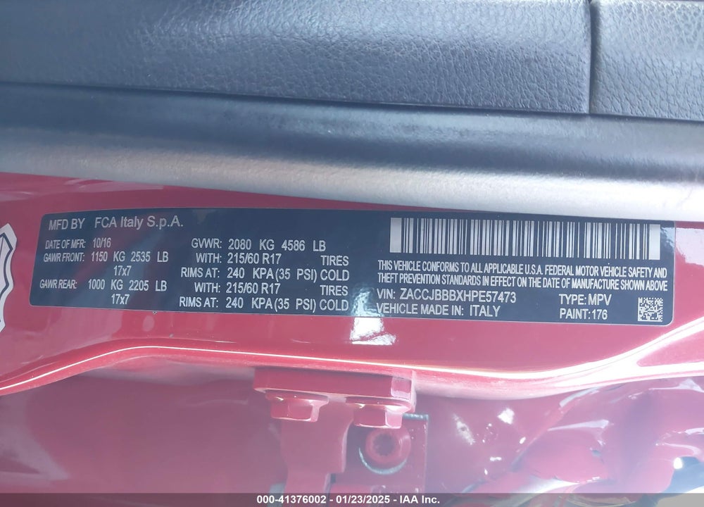 2017 JEEP RENEGADE LATITUDE 4X4 VIN: ZACCJBBBXHPE57473