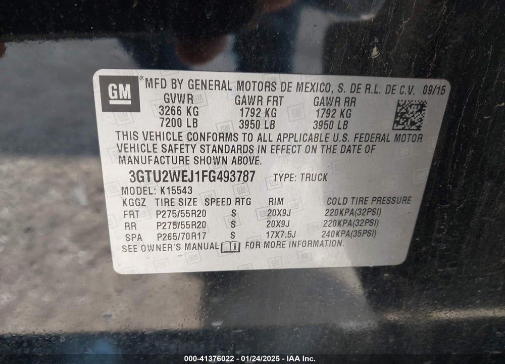 2015 GMC SIERRA 1500 DENALI VIN: 3GTU2WEJ1FG493787