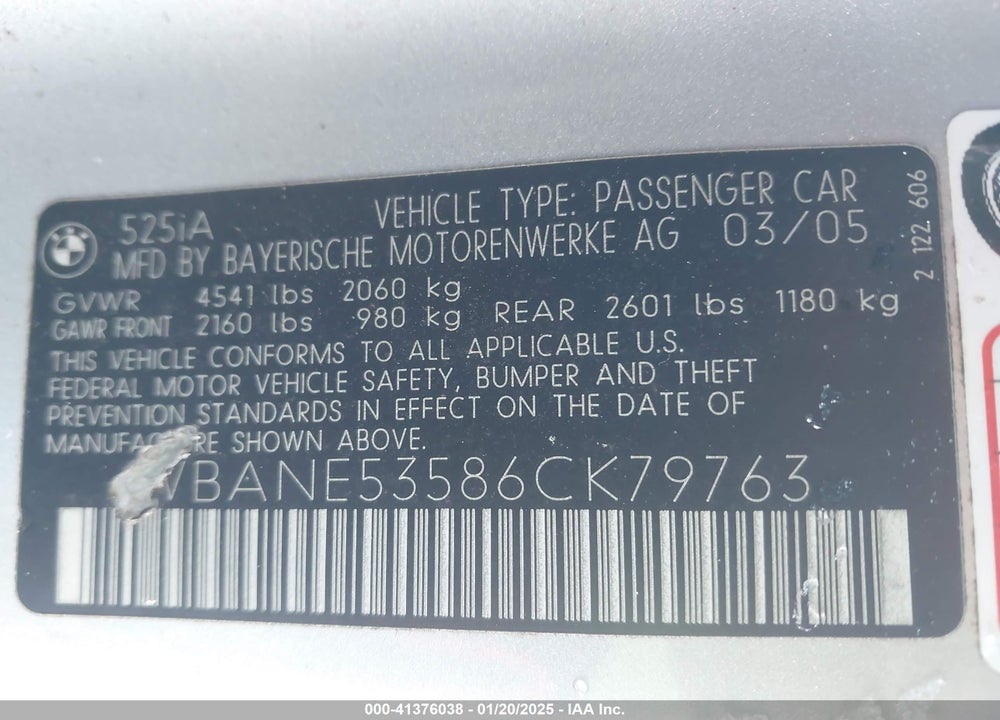 2006 BMW 525I VIN: WBANE53586CK79763
