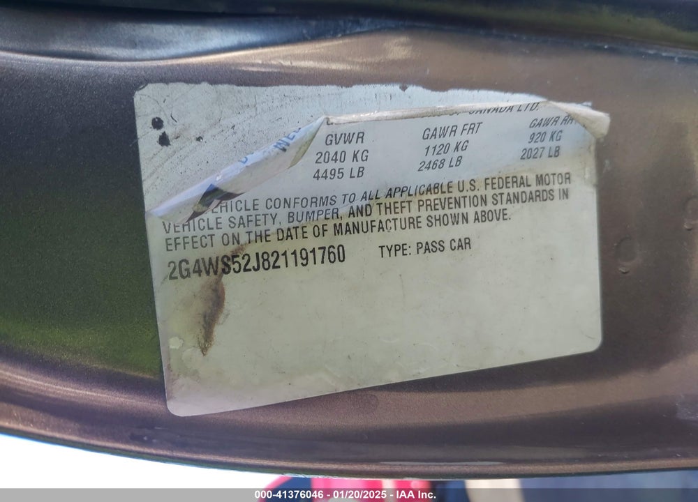 2002 BUICK CENTURY CUSTOM VIN: 2G4WS52J821191760