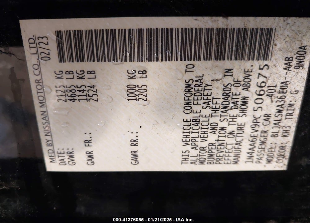 2023 NISSAN MAXIMA SR XTRONIC CVT VIN: 1N4AA6EV9PC506675