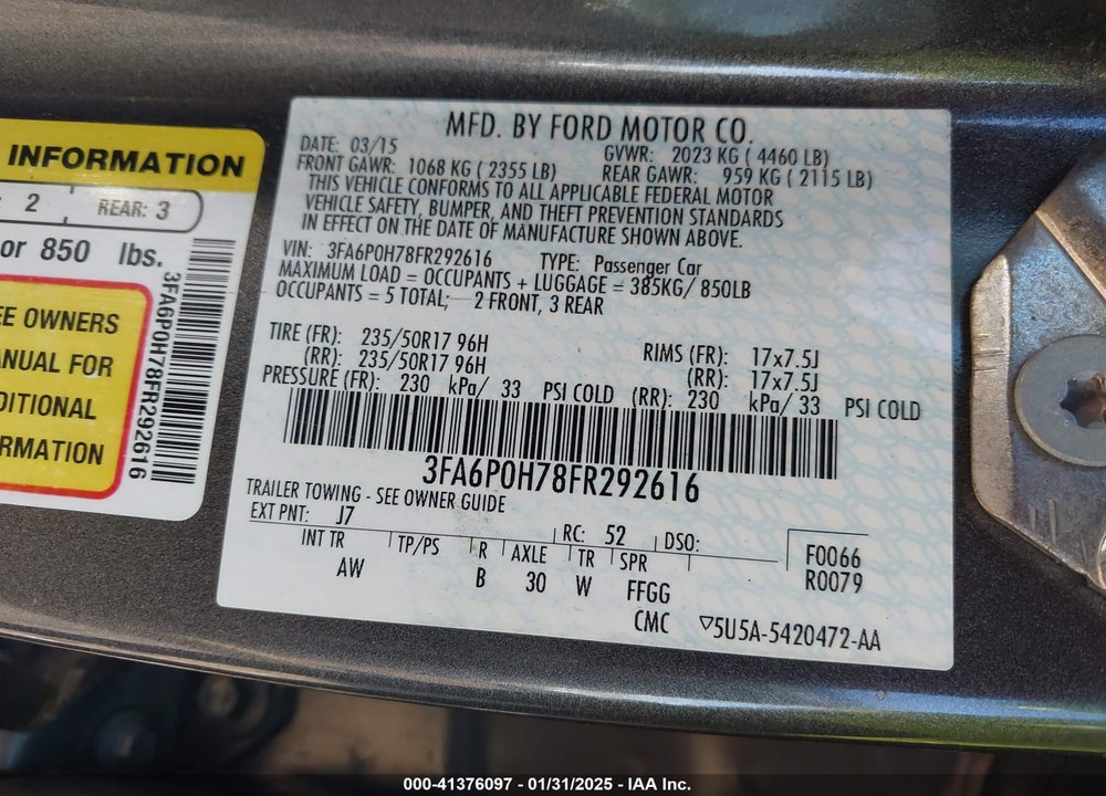 2015 FORD FUSION VIN: 3FA6P0H78FR292616